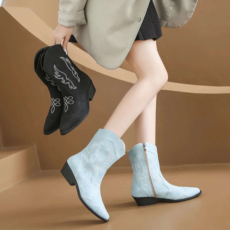 2023 High Quality Shoes for Women Zip Women's Boots Fashion Embroidery Daily Boots Women New Pointed Toe Ankle Boots Zapatos