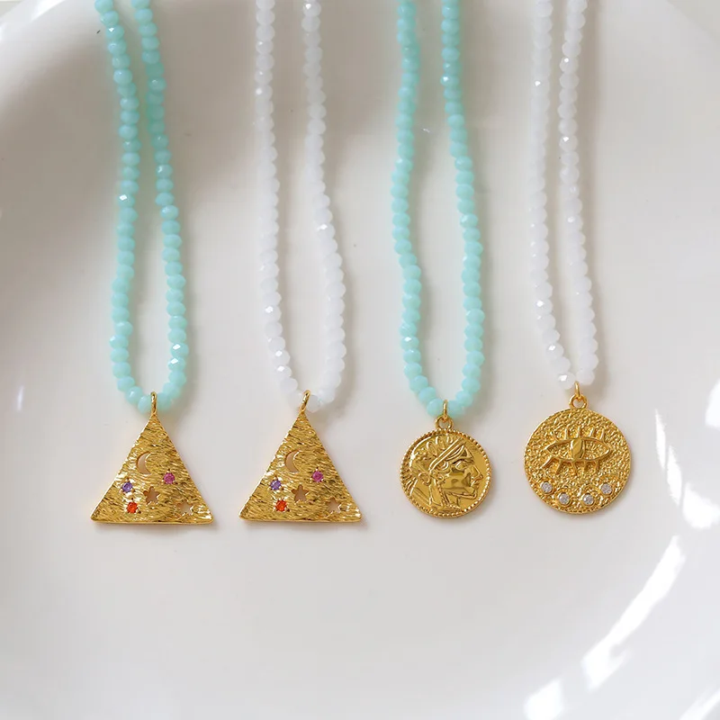 

Round eye necklace female ins style fashion star and moon necklace triangle devil eye natural pearl necklace