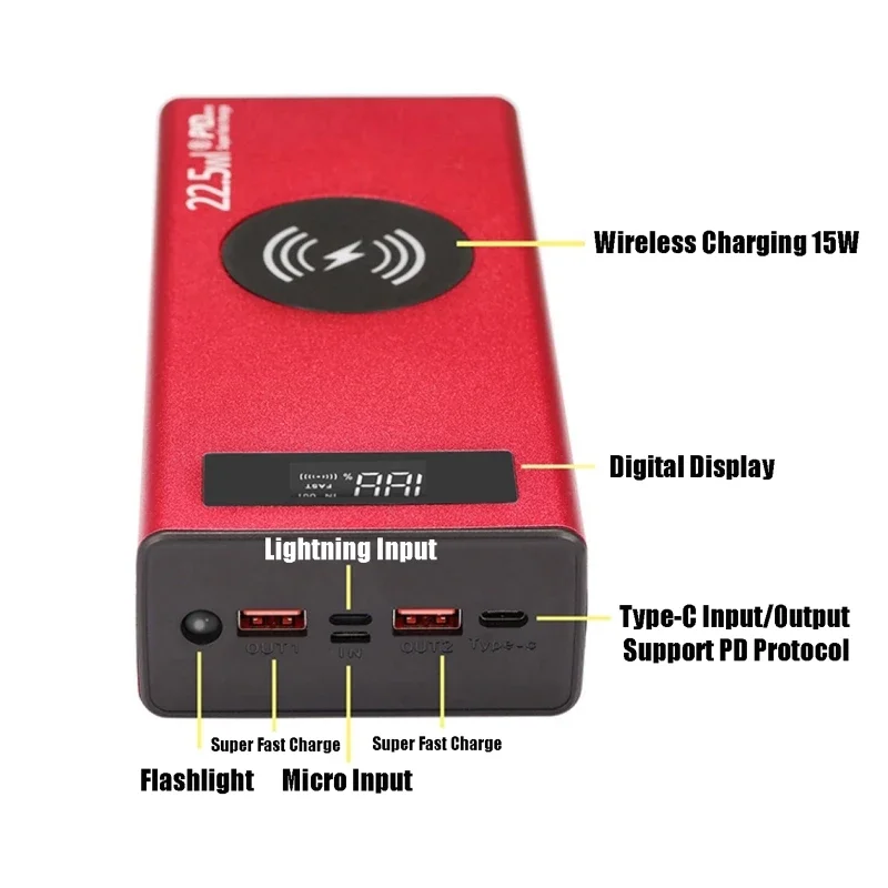 16 Slot 18650 Metal Battery Power Shell Aluminium Alloy DIY Case LCD Display Fast Charging Wireless Charging Case