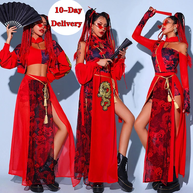 Chinese Style Women'S Jazz Performance Clothes Red Festival Outfits Hip Hop Clothes For Adults Gogo Dance Stage Costumes