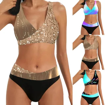 Women's Colour Print High Waisted Tankini Triangle Panties Two Pieces Tankini Set Swimsuit Short Sleeve Swimsuit Women 1