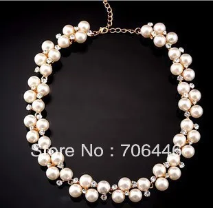 

Gold Tone Rhinestone Crystal and Cream Faux Pearl Choker Bridal Necklace