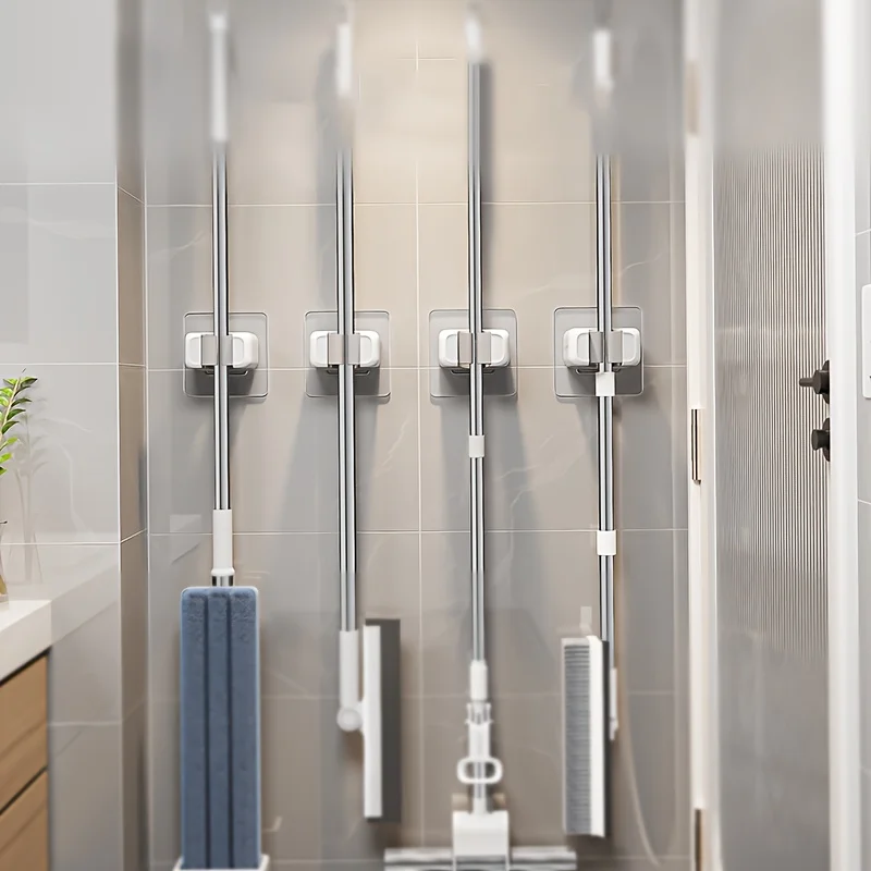 4 عبوات من الممسحة وحامل المكنسة المثبت على الحائط، مشبك تخزين بلاستيكي على الطراز الحديث، لا يتطلب حفر، ممسحة ذاتية اللصق ورف المكنسة، رف تخزين الأدوات البلاستيكية المنزلية