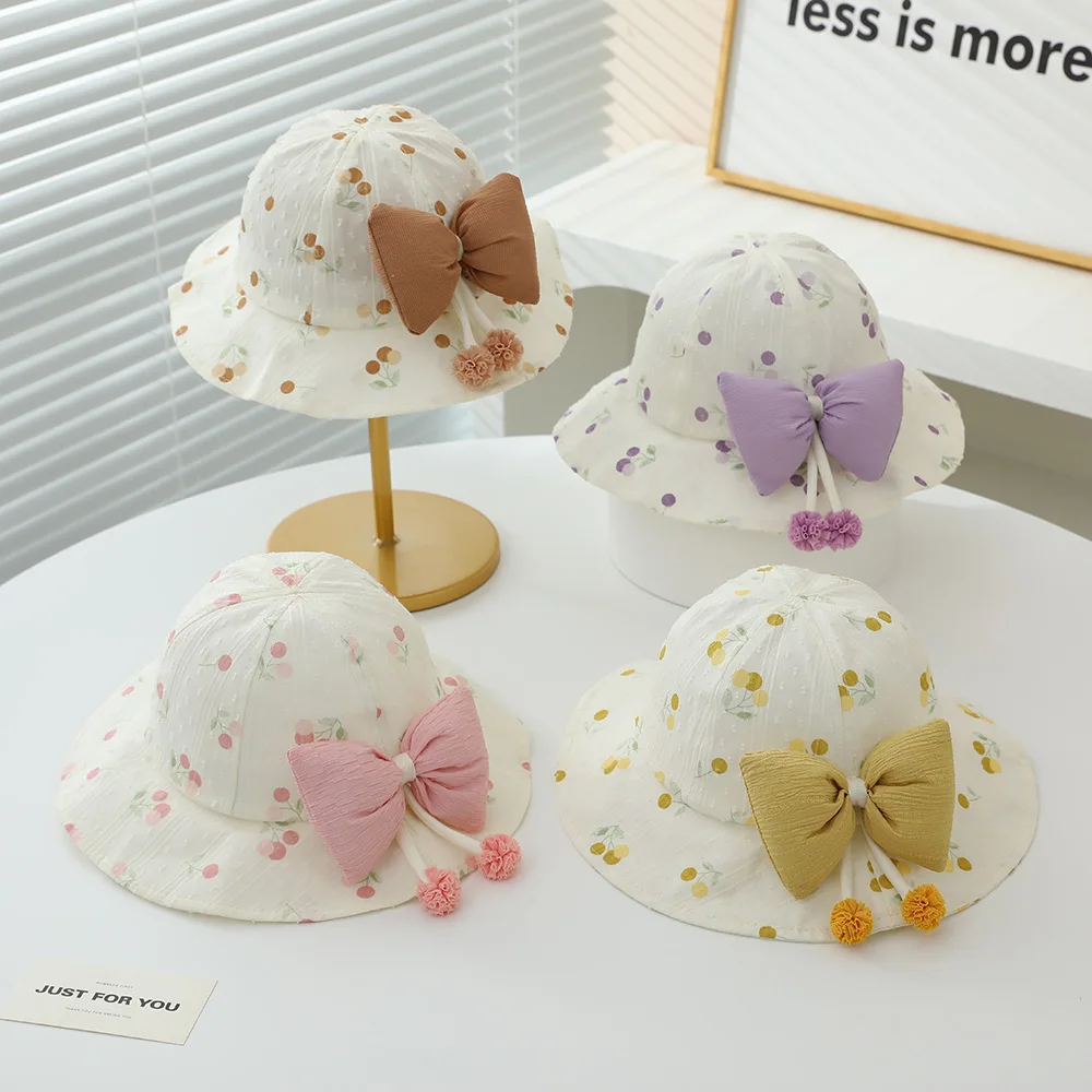 New Spring Summer Fruit Print Baby Sun Hat Big Bow With 2 Hanging Balls Girls Fisherman Cap Cute Princess Bucket Hat