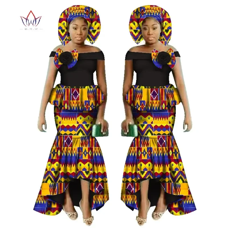 African Women Dashiki Print Clothing Sets Two Pieces Short Sleeve Tops Skirts Set  Plus Mermaid Maxi Dress Women Party Clothes