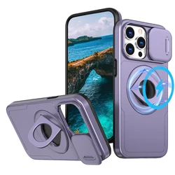 Premium Magnetic Slide Camera Protection Case with Magsafe Ring Stand Cover - iPhone SE 2022 2020 (Dark Purple)