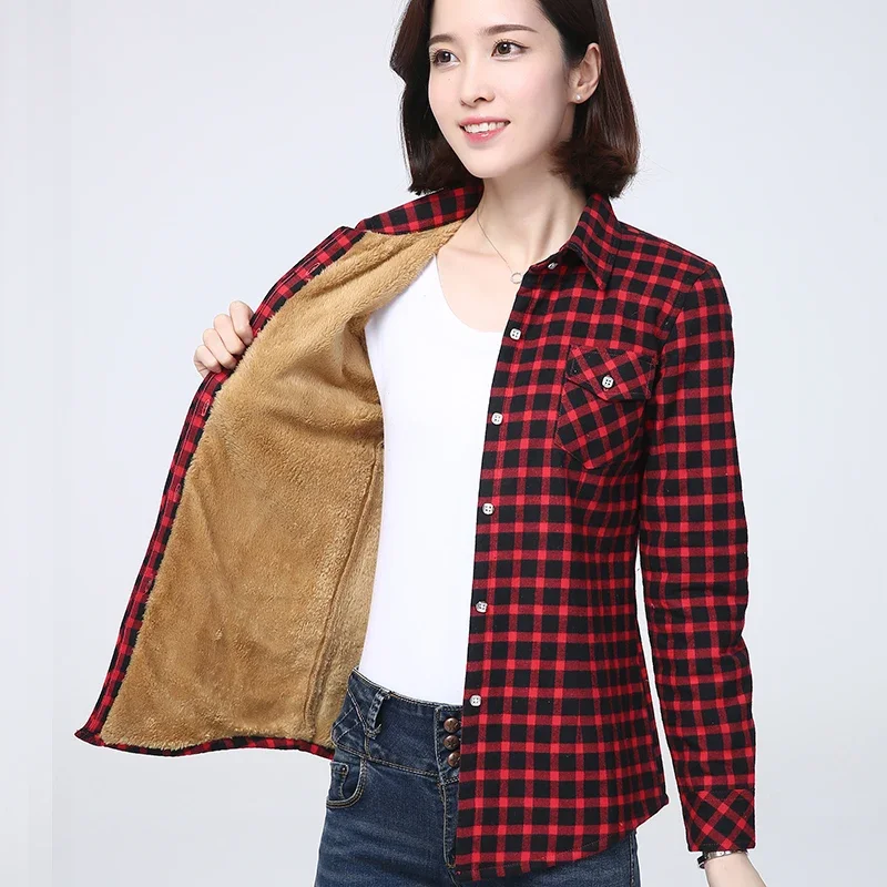 

Winter New Women's Fleece Warm Plaid Shirt Style Outerwear Coat Female Velvet Thicke Checked Jacket Tops Woman Clothes 2023-REF