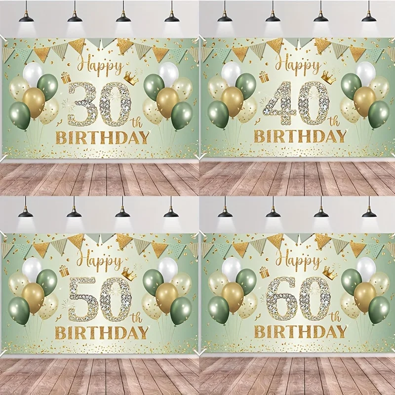 Description Picture 2 of item1SET Golden Green Birthday Banner for 30 40 50 60th Birthday Party Background Banner Decoration Supplies For Photography
