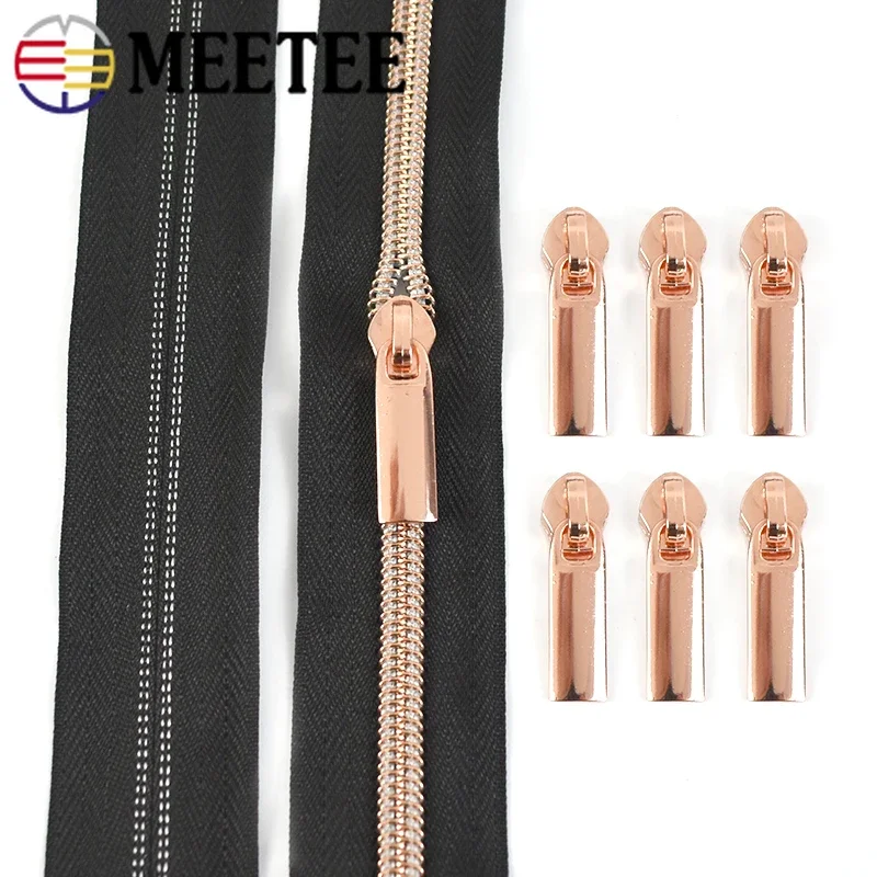 10Meter 3# 5# Nylon Zipper Tape with RoseGold Zips Puller Slider Decor Zippers Bag Clothes Coat Closure Zip DIY Sewing Accessory