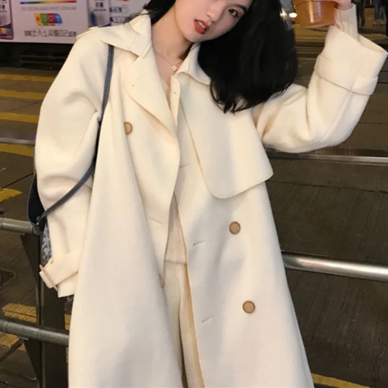 

Wool Coat For Women 2022 Fashion Elegant Women Coat Office Lady Turn Down Collar Double Breasted Loose Long Coat Women