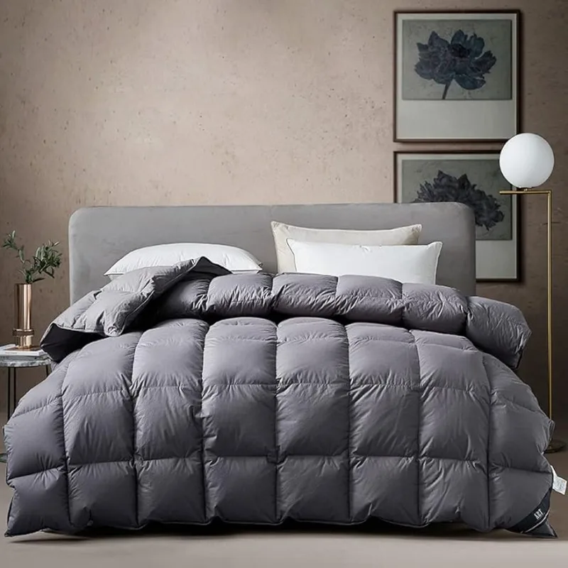 

Luxurious Goose Feathers Down Comforter Dark Grey Thickened Heavyweight Warmth Duvet Insert 100% Cotton Cover with Corner Tabs