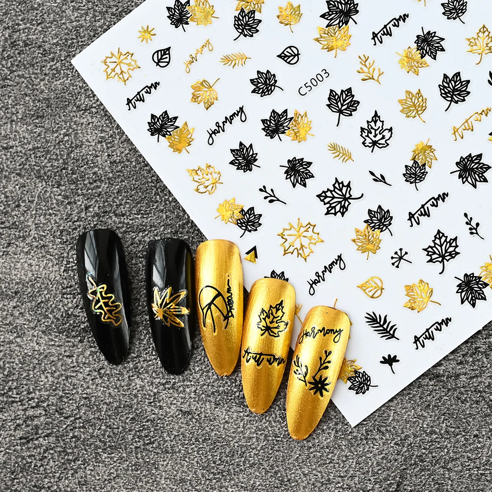 

1pc Maple leaves Nail Art Stickers Bronzing Laser Plant/Heart/Abstract Design Adhesive Slider Decals DIY Manicure Accessories