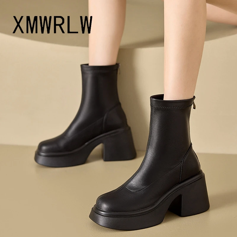 

XMWRLW Genuine Leather Autumn Shoes Fashion High Heels Women Autumn Ankle Boots Square Heel Ladies Ankle Boots 2023 Autumn Boot