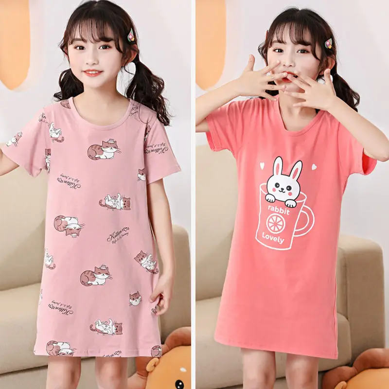 New Summer Girls Cotton Nightdress Baby Pajamas Short-sleeved Kid Girl Sleepwear Large Size Nightgowns for Girl 8 Years 14 Years