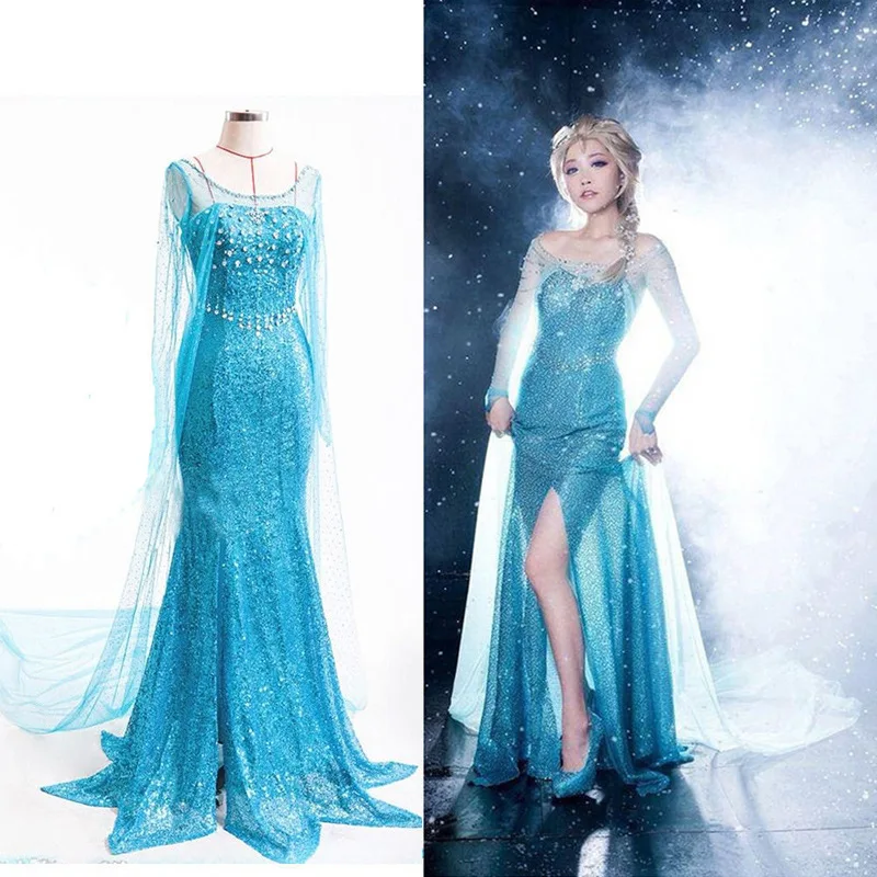 Frozen Elsa Princess Long Dress Sequin Mesh Elsa Costume Adult