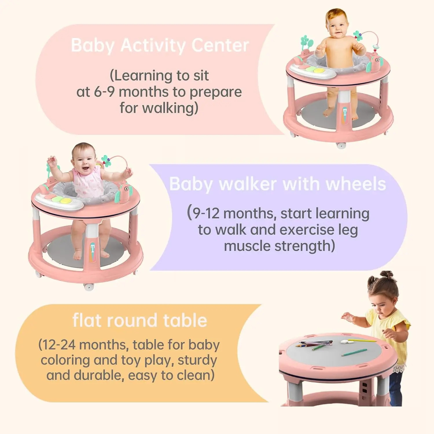Baby Walker with 5 Adjustable Heights Baby Activity Center Features 360° Swivel Seat Music Detachable Toys Bounce Foot Pad 4