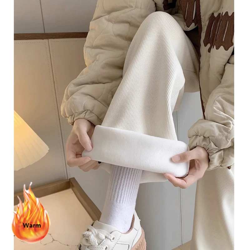 Lambwool Winter Wide Leg Pants Women Solid Drawstring High Wasit Baggy Trousers Snow Wear Plus Velvet Fluffy Casual Pantalones