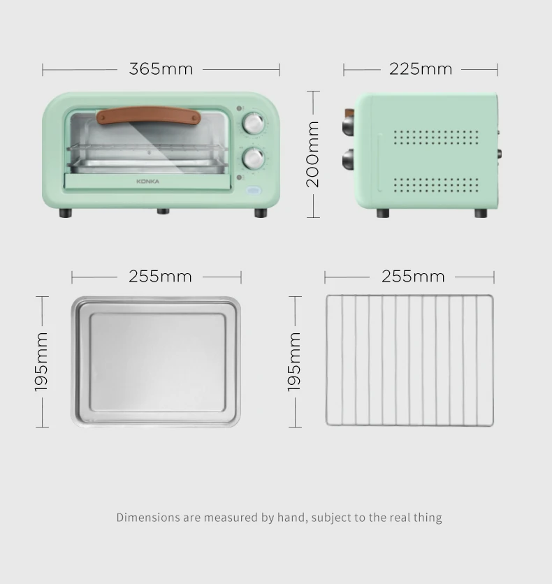 A green toaster with Electric Baking Oven and 12L capacity.