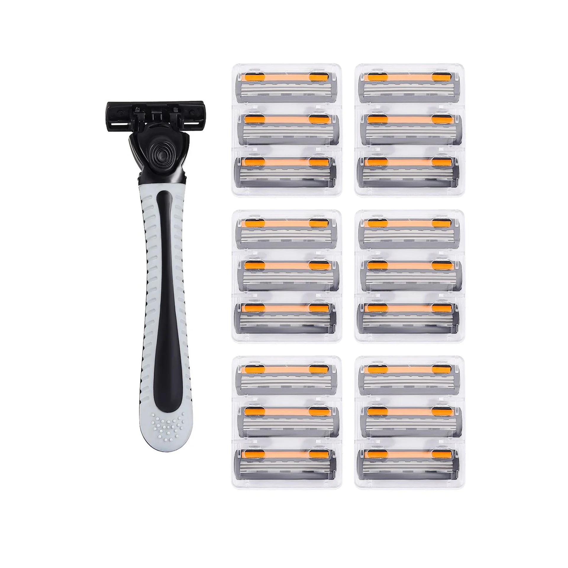 Hands replacing a three-layer razor blade head