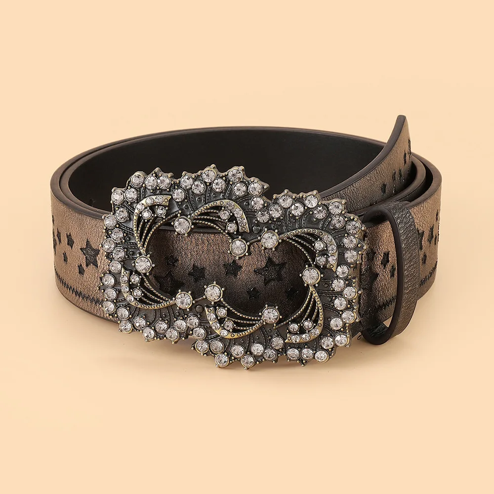 

Belt Female Direct Electric Rhinestone Pentagram Embossing Carving Personalized Fashion National Style Belt