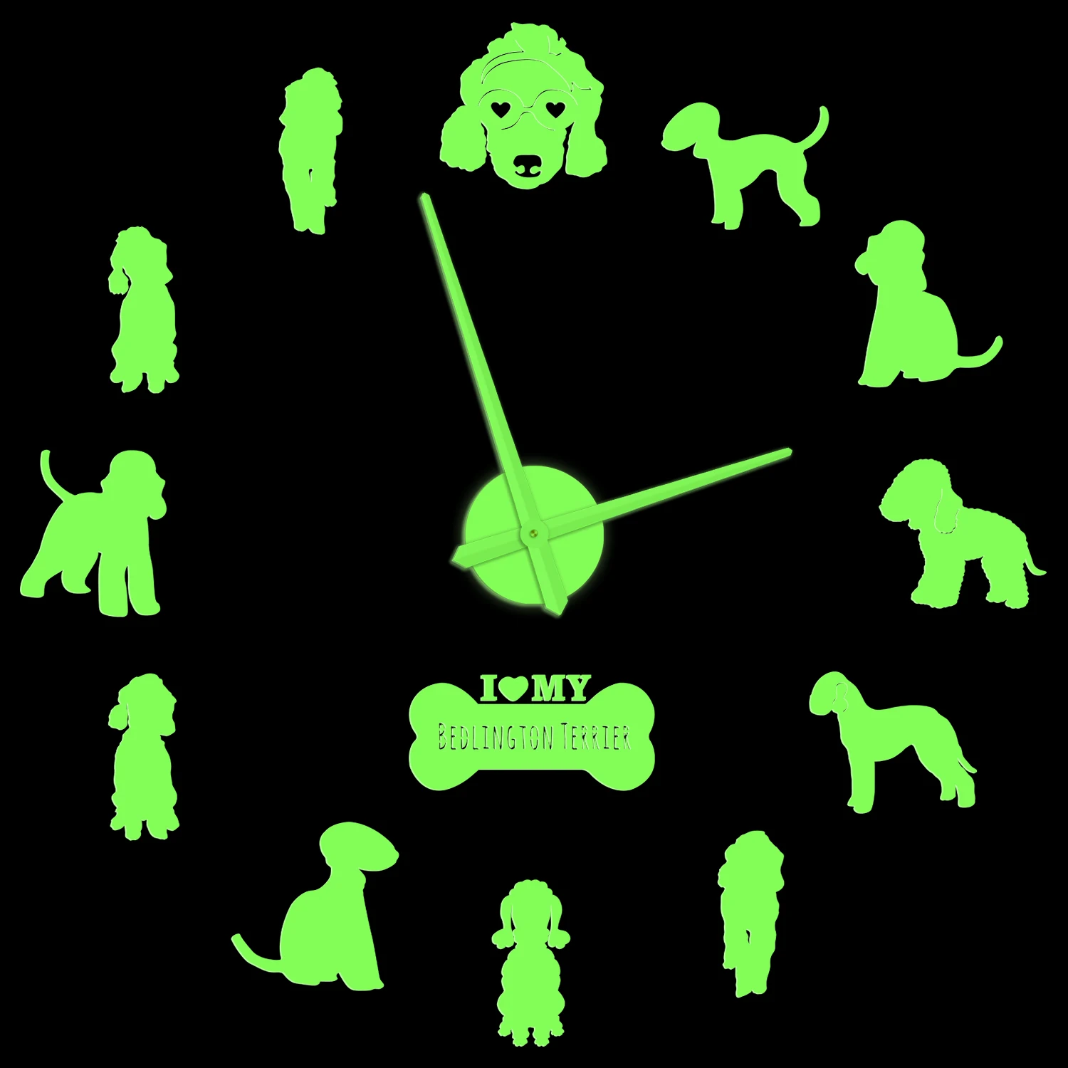 

Bedlington Terrier Dog Breed DIY Large Wall Clock Glow In Dark Puppy Pet Store Decor Frameless Silent Non Ticking Luminous Watch