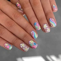 24PCS Short colourful press on nails cartoon drawing press on nails cute sweety nails for girl women gift 1