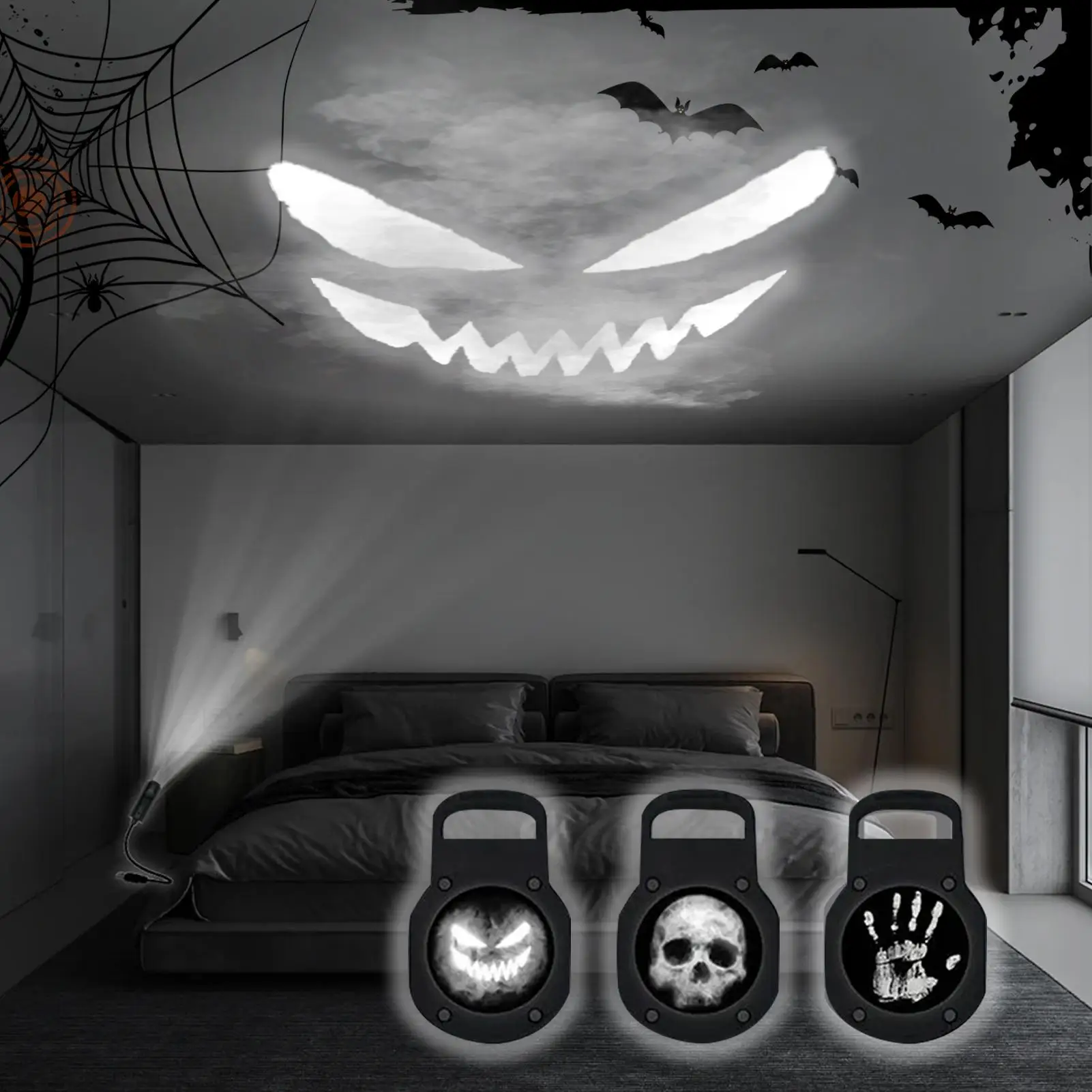 Halloween Skull Projector Lamp Magnetic 3 Modes Scary Handprint Grimace Skull Shaped LED Night Light USB Rotatable Projector