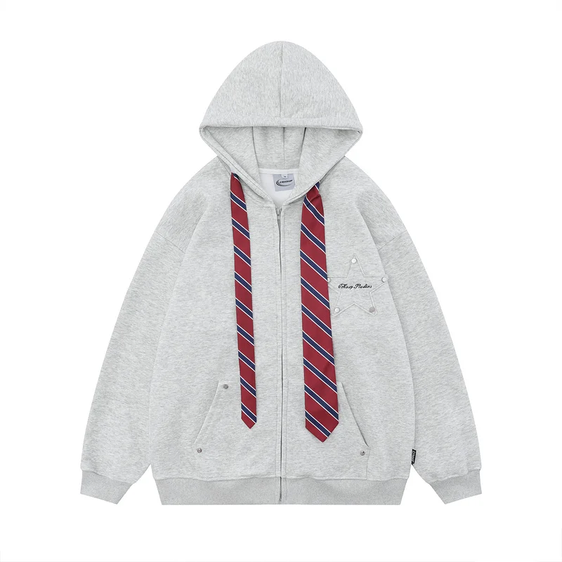 

Zip-up Necktie Hoodie Jacket 2023 Girls Cute Japanese Hip Hop Vintage Streetwear Hooded Harajuku Cotton Loose Thick Fleece Coats