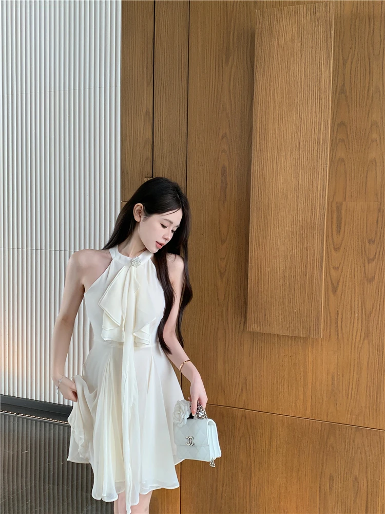 Elegant Halter Ruffles Short Dresses for Women Diamond Sleeveless A-line Sexy Evening Party Dress Prom Korean Chic Vestido Mujer