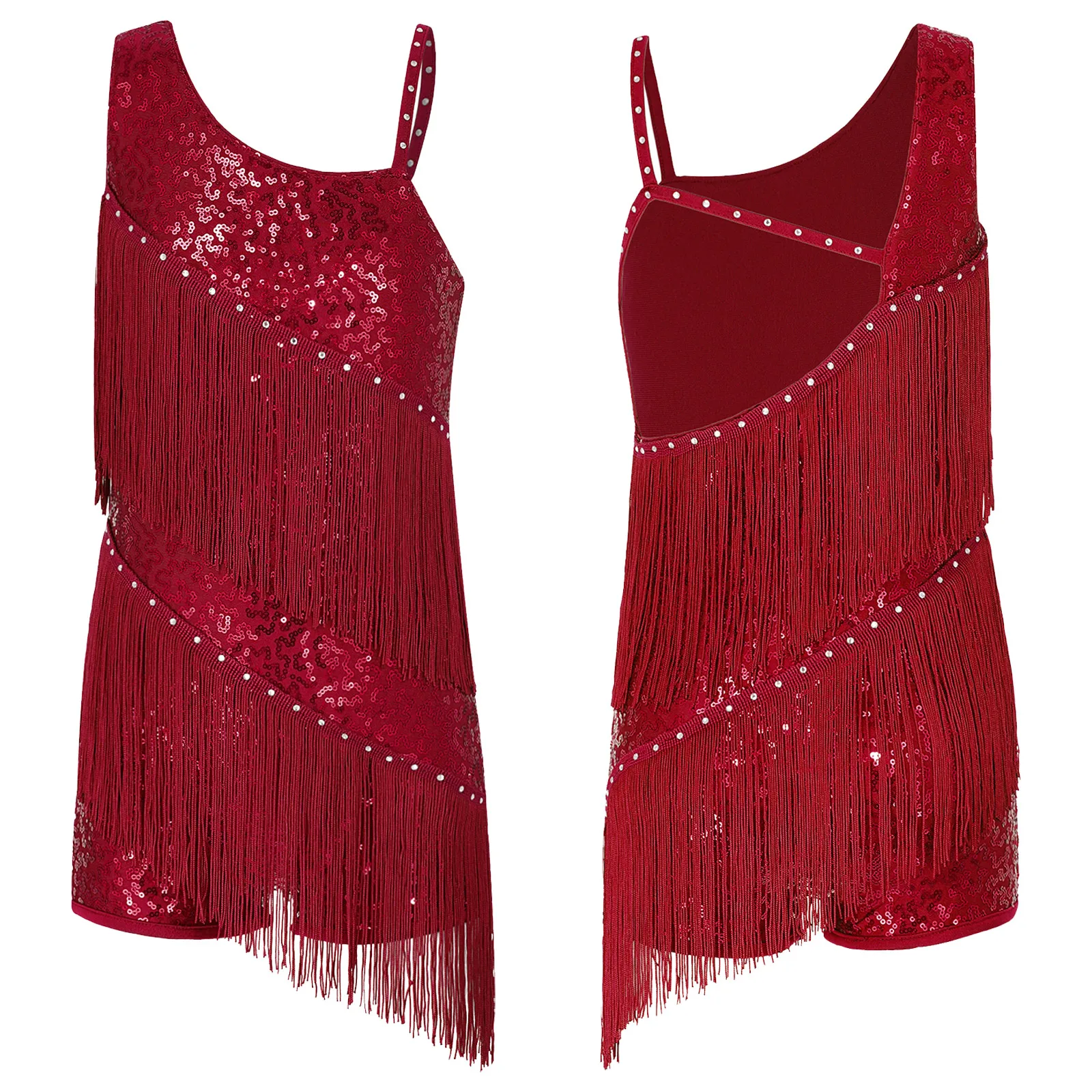 thumbnail image 1 of Niños Niñas lentejuelas brillantes vestidos de diamantes de imitación para salón de baile latino Samba Cha borlas pantalones cortos inferior trajes de leotardos de baile latino, 1 of 5