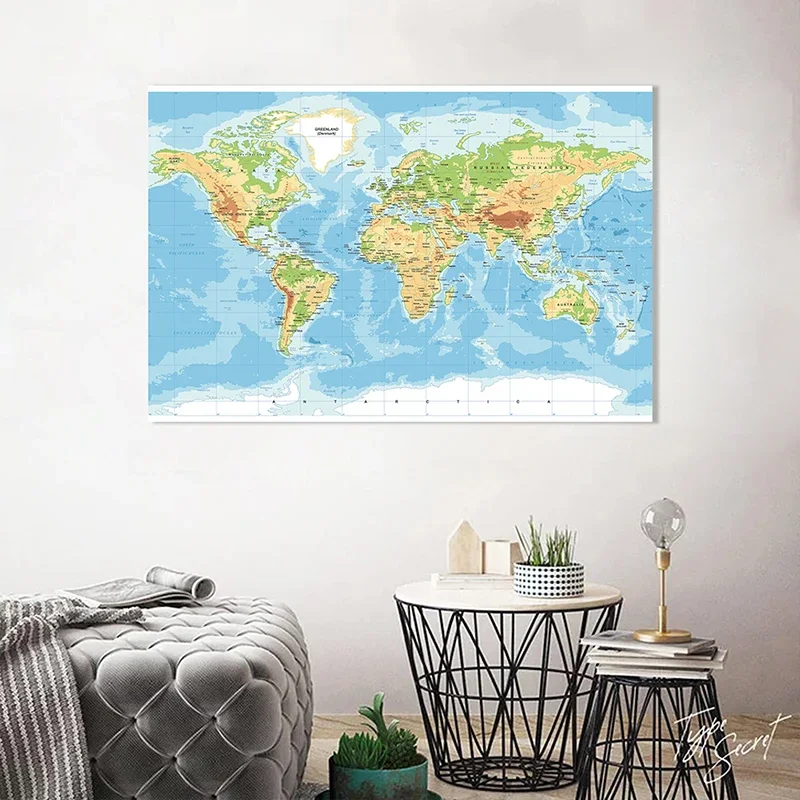 150*100cm Terrain Map of The World Wall Art Poster Large Canvas Painting Education School Supplies Office Classroom Home Decor