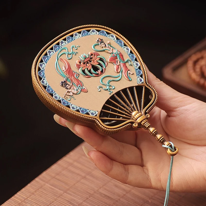 Creative Mini Aromatherapy Furnace, Home Indoor Zen Tea Ceremony Decor, Chinese style Metal Fan Shape, Small Incense Burner, 1Pc