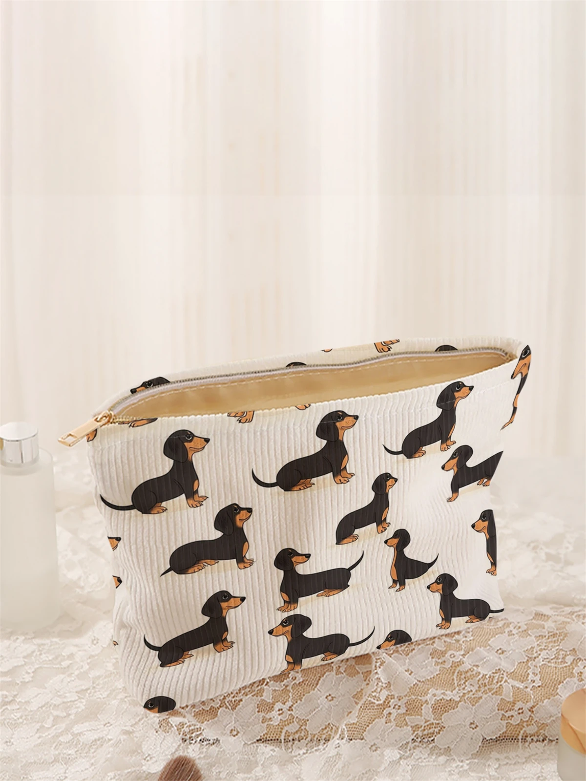 1pc cartoon dog pattern printed corduroy makeup bag, lightweight zipper makeup storage box, multifunctional bag with lining