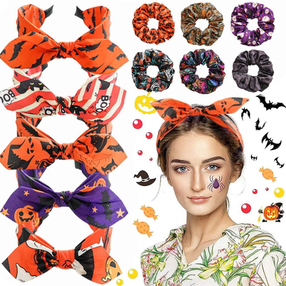 

Ghost Festival Print Hair Rope Pumpkin Bat Pattern Cross Wide Hairbands Halloween Ghost Skull Headband DIY Hair Accessories