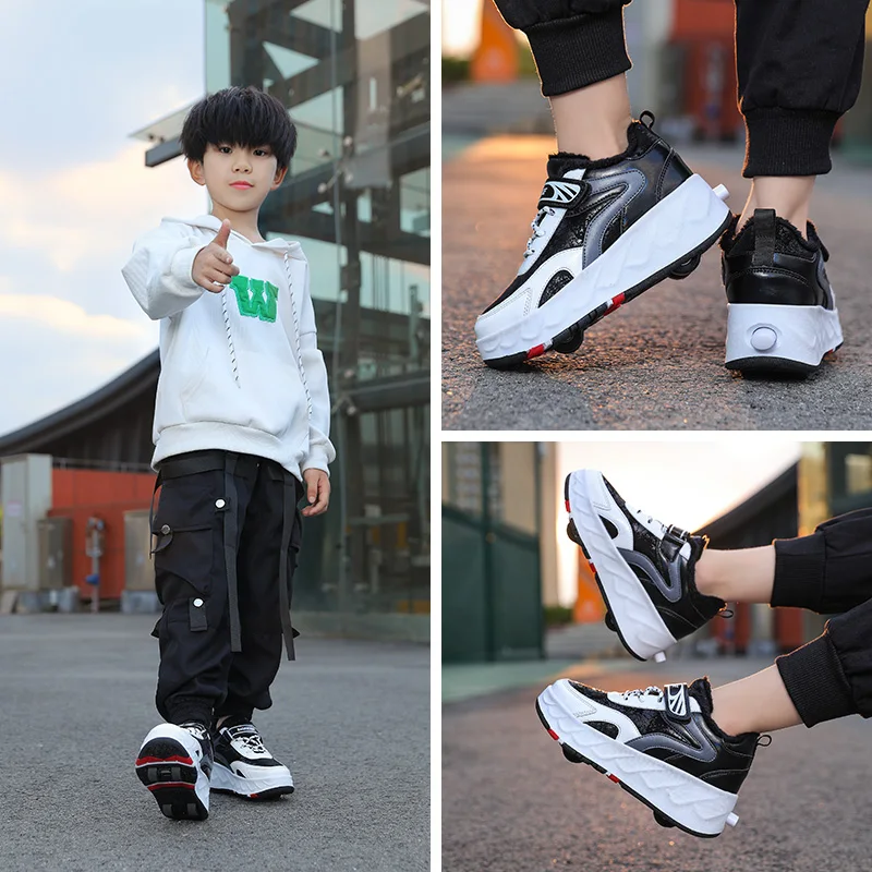 Winter New Children's Outdoor Roller Skating Shoes Black and White Children's Outdoor Warm Fitness Roller Skating Shoes