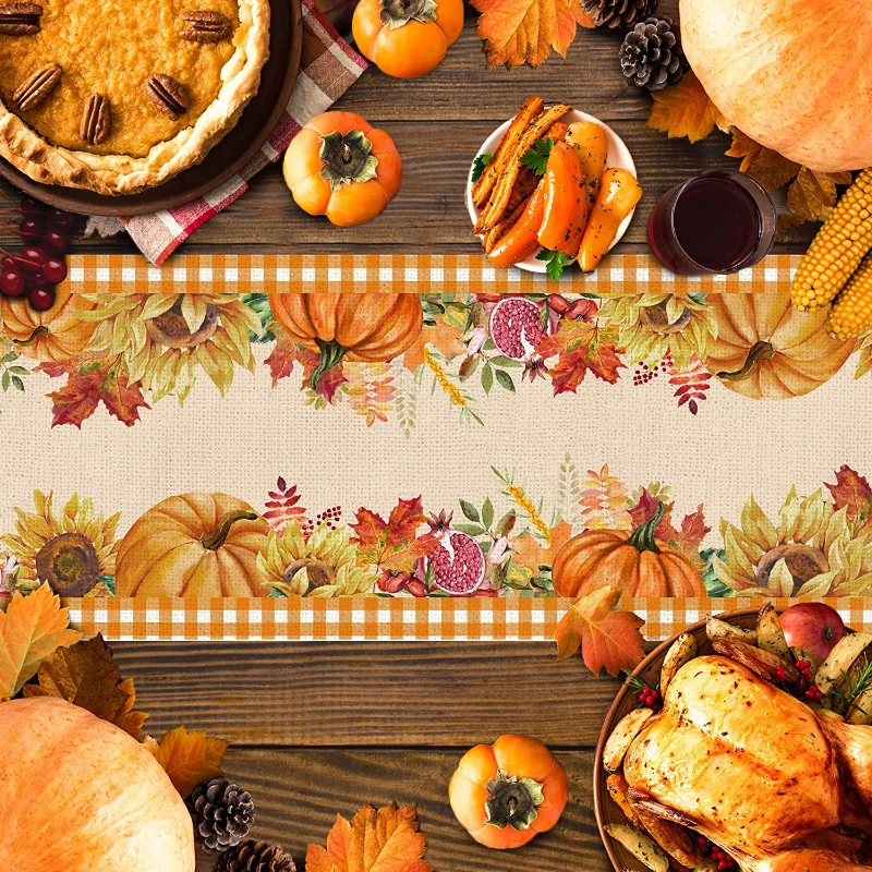 Description Picture 6 of itemFall Linen Table Runner Thanksgiving Tabletop Home Kitchen Orange Plant Decor Table Runner Pumpkin Sunflower Dining Room Decor