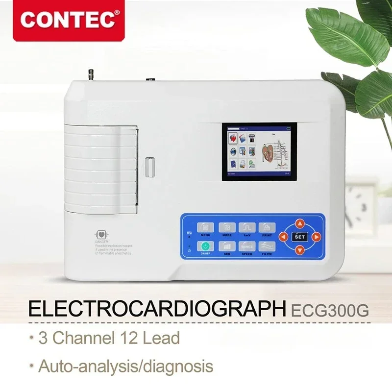CONTEC ECG300G Digital 3 Channel 12 Leads ECG/EKG Machine Human/Veterinary Use Electrocardiograph