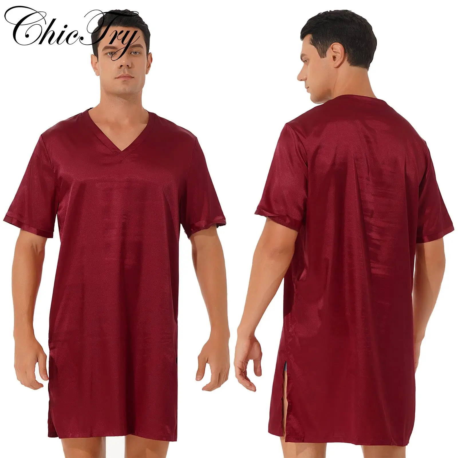 Hommes Satin vêtements de nuit hauts chemise de nuit chemise de nuit pyjama robe à manches courtes sous-vêtements Homewear côtés fendus hauts de nuit vêtements de nuit