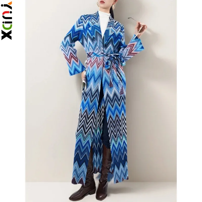 

YUDX Miyake Vintage Print Pleated Long Trench Coat Women Notched Collar Belt Gathered Waist Windbreaker 2024 Spring New