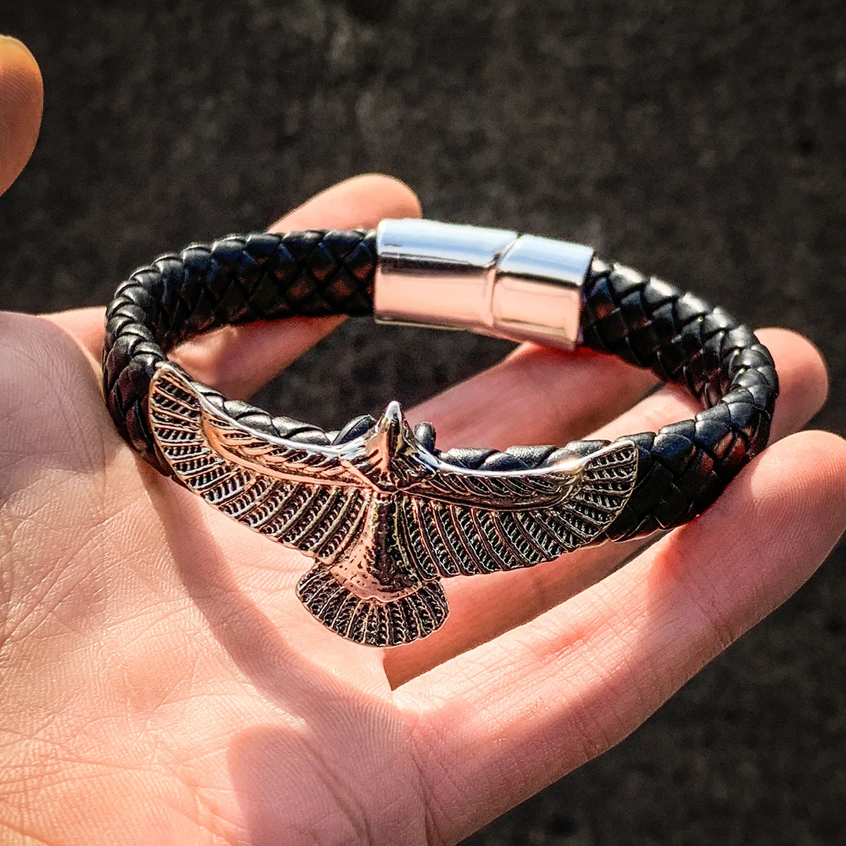 LEODYNE Pulsera Trenzada De Piel Auténtica En Negro O Marrón, Con 