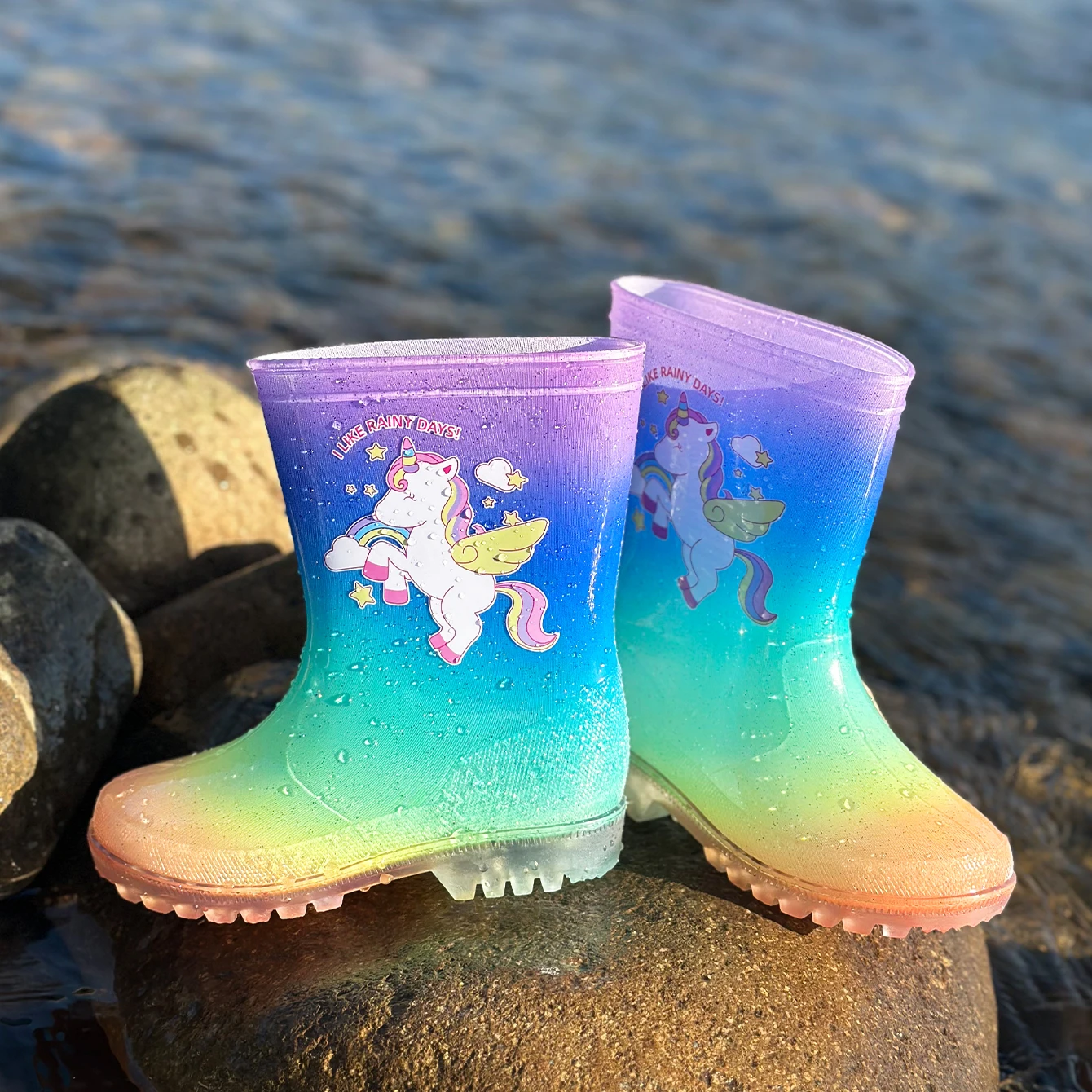 Botas de lluvia de PVC con purpurina de unicornio arcoíris de