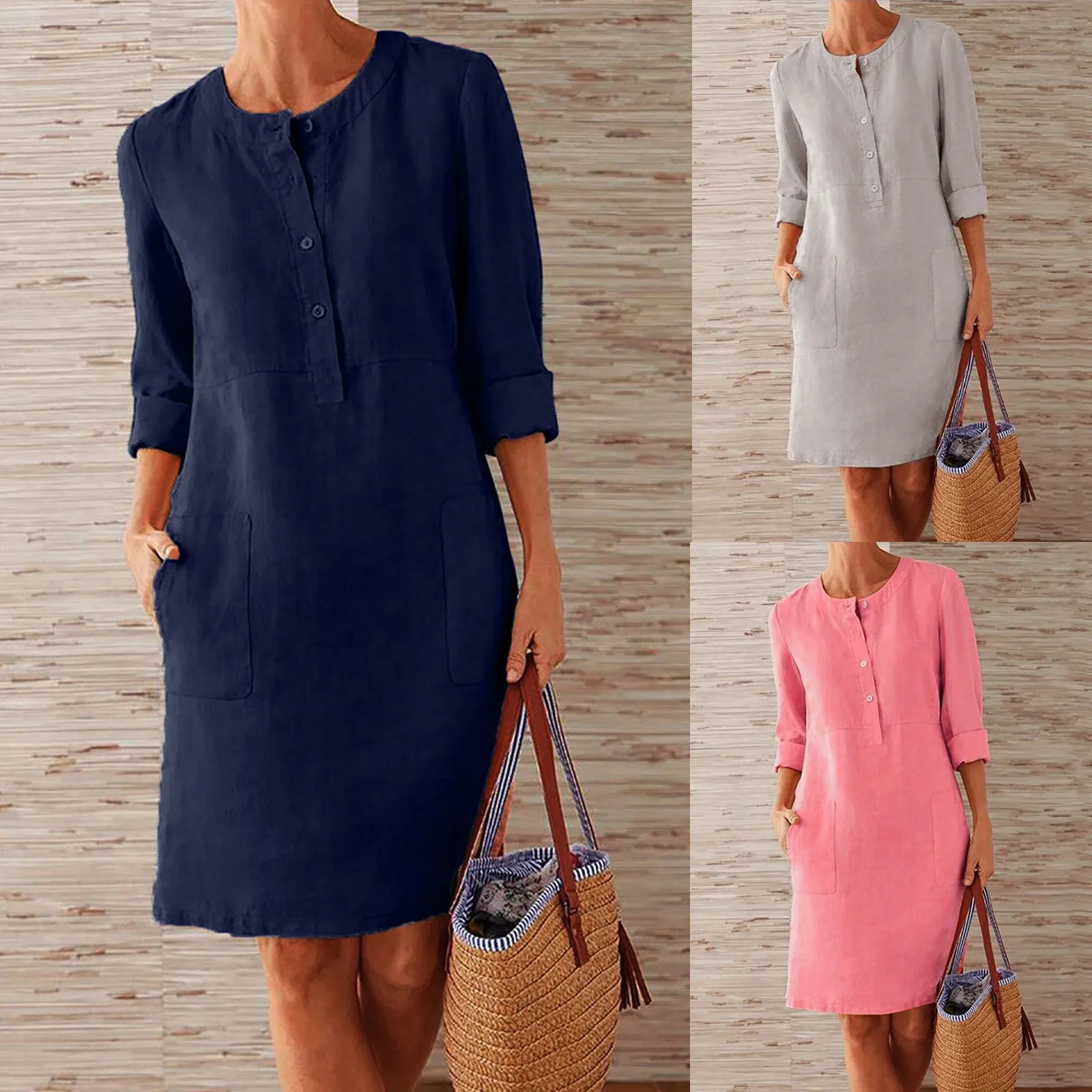 WomensRoundNeckKneeLengthLinenDressSummerLooseCasualDaily