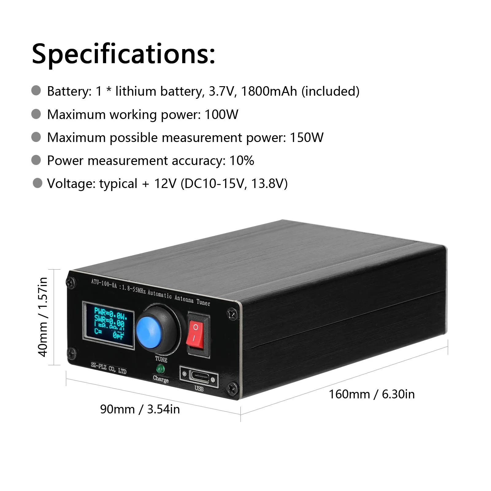 ATU-100-0A 1.8-55MHz Mini automatyczny Tuner antenowy ze stopu aluminium z 1500MAh akumulatorowym wyświetlaczem Etui antenowym Tuner