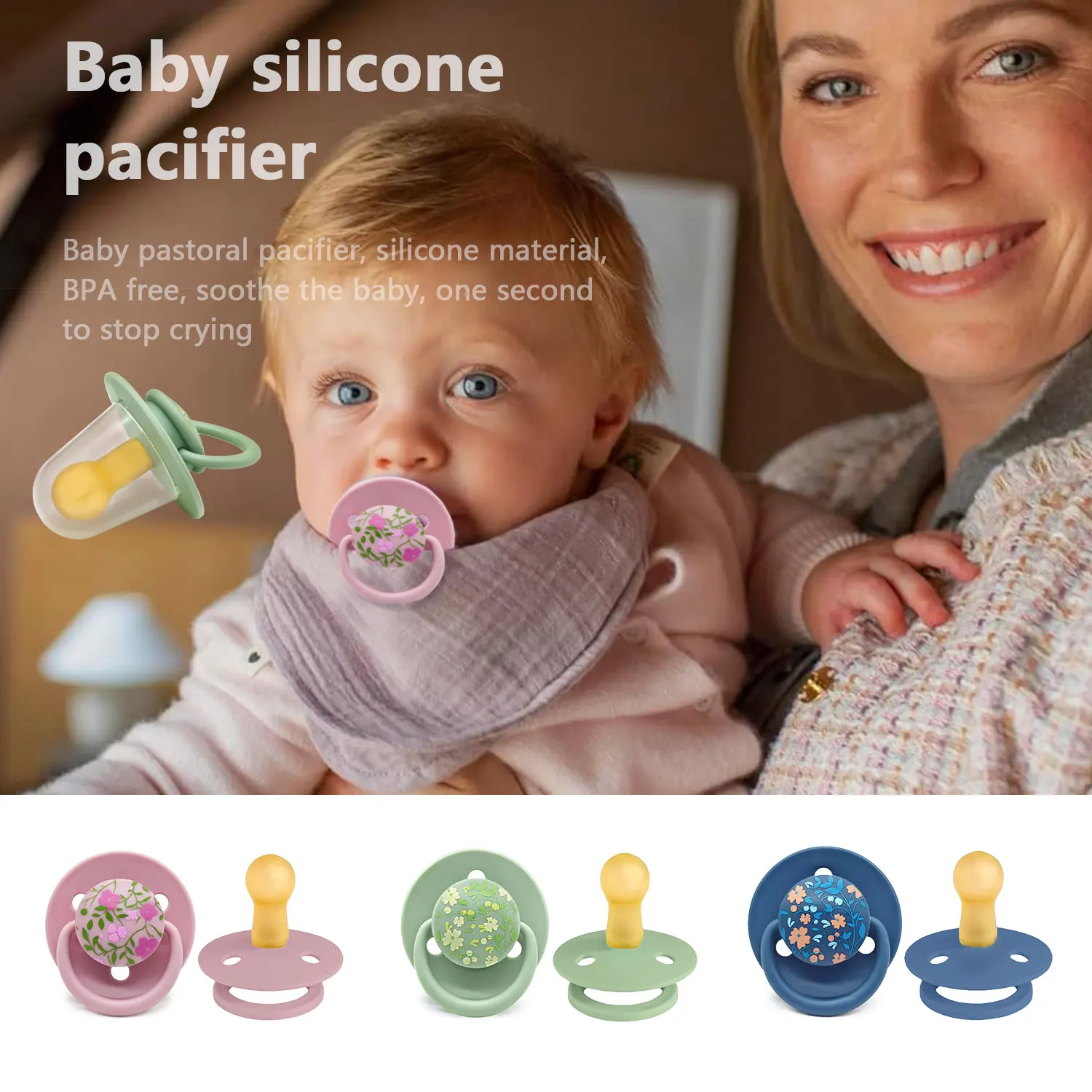 0-36 months baby food grade silicone pacifier + pacifier chain, macaron color and textured flower print