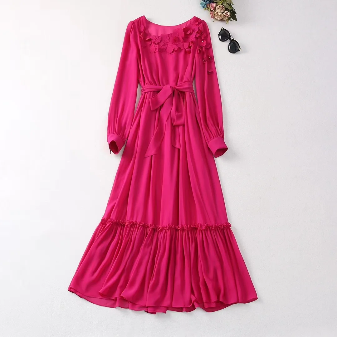 

Europe and the United States women's 2024 winter new Long sleeve flower decorated belt rose red fashion Pleated dress XXL