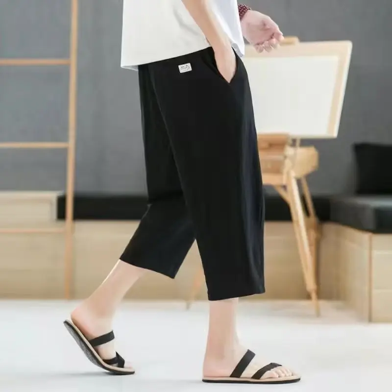 Summer Solid Color Elastic Waist Cropped Pants Men Thin Style Flax Casual All-match Loose Large Size Straight Cylinder Shorts
