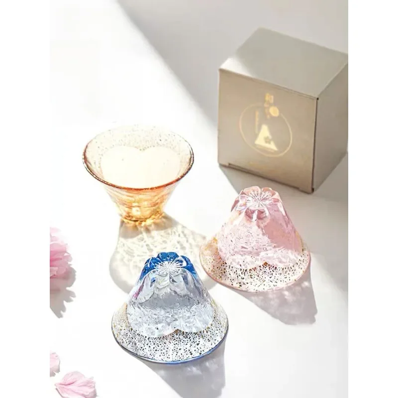 Japanese Sake Cup Fuji Mountain Lucky Cherry Blossom Cup Handmade Gold Foil Glass Cups Tea Household Gold Foil Small Cups