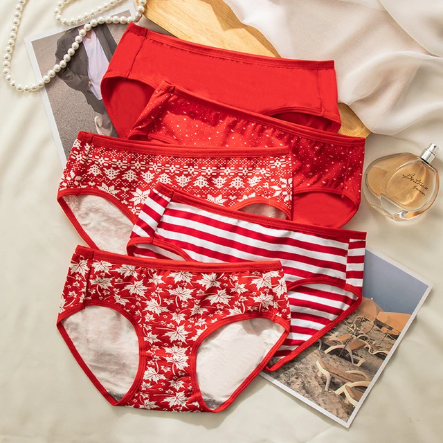 5Pcs/Set Cotton Panties Women Sexy Briefs Lucky Red Seamless