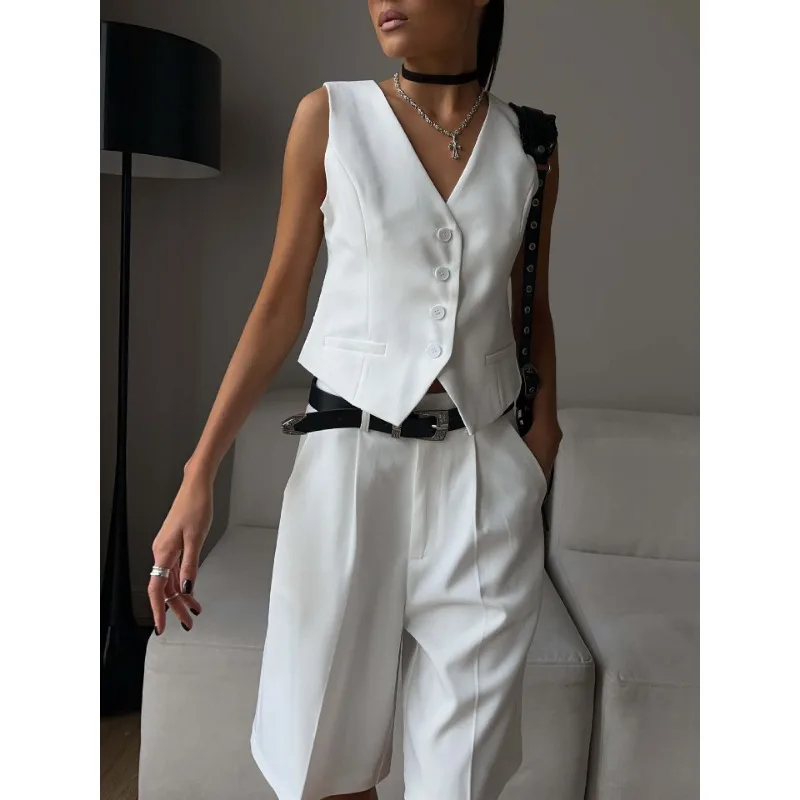 V-Neck Sleeveless Female 2 Piece-Set Casual Slim Straight Trousers Pocket Solid High Street Outfits Fashion Shorts Sets