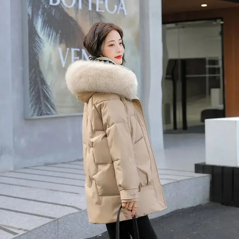 Women 2024 Down Jacket Women Winter New Hooded Fur Collar Mid-length Thick Winter Waist Korean Version Loose Coat